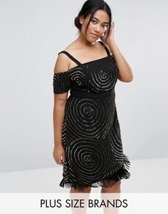 Платье с широким вырезом, отделкой и бахромой Lovedrobe Luxe - Черный
