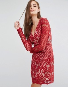 Кружевное платье миди с V-образным вырезом и длинными рукавами Stylestalker - Красный