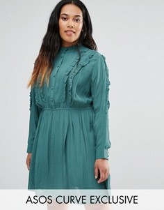 Короткое приталенное платье на пуговицах с рюшами ASOS CURVE - Зеленый
