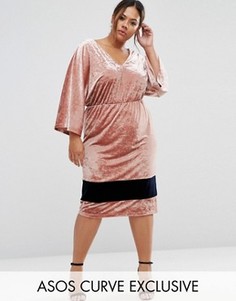 Контрастное бархатное платье миди с рукавами-кимоно ASOS CURVE - Розовый