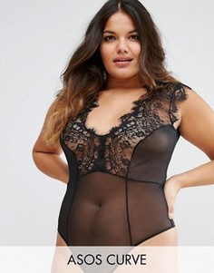 Боди с кружевом и глубоким вырезом ASOS CURVE Sidney - Черный