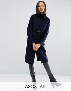 Пальто с добавлением шерсти, воротником из искусственного меха и поясом ASOS TALL - Темно-синий