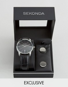 Часы с черным кожаным ремешком и запонки в подарочном наборе Sekonda эксклюзивно для ASOS - Черный