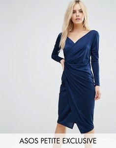 Платье-футляр с запахом и длинными рукавами ASOS PETITE - Синий