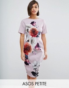 Строгое тканое платье с V-образным вырезом на спине и цветочным принтом ASOS PETITE - Мульти