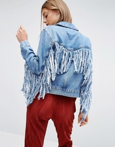 Выбеленная джинсовая куртка с бахромой на спине ASOS - Синий