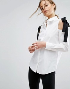 Хлопковая рубашка с вырезами на плечах и контрастными завязками ASOS - Белый