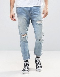 Укороченные джинсы слим с рваной отделкой и заплатками Rollas Stubs - Синий
