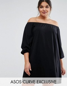 Платье мини с открытыми плечами и длинными рукавами ASOS CURVE Boho - Черный