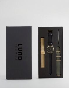 Часы с 3 сменными ремешками (черный кожаный, нейлоновый и золотистый сетчатый) Lund London - Мульти