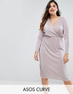 Плиссированное платье миди с запахом ASOS CURVE - Бежевый