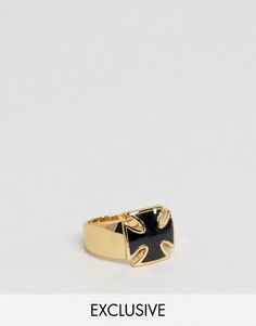 Кольцо с черным камнем в форме креста Reclaimed Vintage Inspired - Золотой