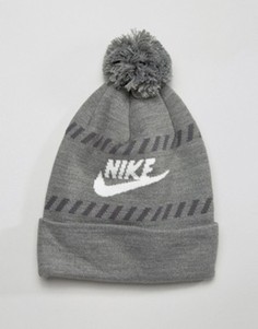 Серая шапка-бини с логотипом и помпоном Nike 805950-091 - Серый