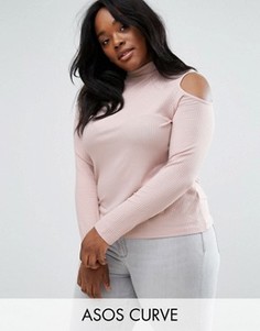Топ в рубчик с вырезами на плечах и высокой горловиной ASOS CURVE - Розовый