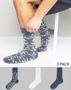 3 пары толстых носков с принтом якорей ASOS - Синий