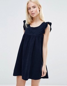 Цельнокройное платье с оборками на рукавах QED London Corduroy - Темно-синий