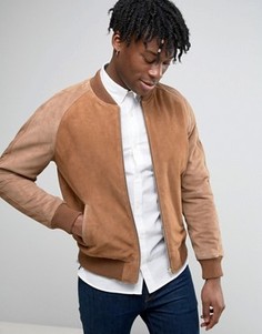 Светло-коричневый замшевый бомбер с контрастными рукавами ASOS - Рыжий