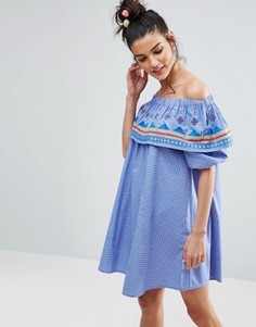 Хлопковый сарафан в клетку с ацтекской вышивкой и открытыми плечами ASOS - Синий
