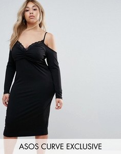 Платье-футляр миди из крепа с открытыми плечами и кружевом ASOS CURVE - Черный