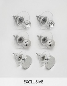 Набор из 3 пар серебристых серег-гвоздиков DesignB London - Серебряный