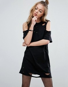 Платье-футболка с рваной отделкой и открытыми плечами ASOS - Черный