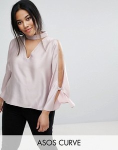 Атласный свободный топ с открытыми плечами и глубоким вырезом ASOS CURVE - Розовый