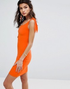 Короткое облегающее платье в рубчик с завязывающимися бретельками ASOS - Оранжевый