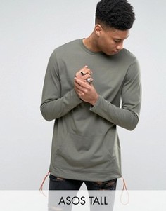 Удлиненный лонгслив с карманом кенгуру и контрастным шнурком ASOS TALL - Зеленый