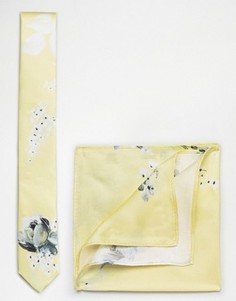Шелковые галстук и платок для нагрудного кармана с цветочным принтом ASOS WEDDING - Желтый