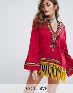 Фестивальный свободный худи с вышивкой и кисточками Sacred Hawk Baja - Красный