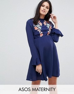 Платье мини с вышивкой и расклешенными рукавами ASOS Maternity - Темно-синий