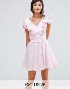 Хлопковое короткое приталенное платье с оборками Closet London - Розовый