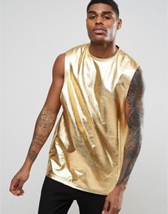 Длинная футболка золотистого цвета без рукавов с заниженными проймами ASOS - Золотой