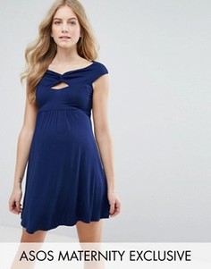 Короткое приталенное платье с широкой горловиной и перекрутом ASOS Maternity - Темно-синий