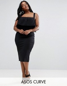 Платье миди с оборкой и перекрестными бретелями на спине ASOS CURVE - Черный