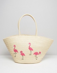 Плетеная пляжная сумка с вышитыми фламинго South Beach - Мульти