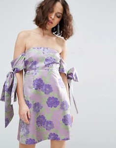 Жаккардовое платье мини с открытыми плечами и бантом-завязкой ASOS SALON - Фиолетовый