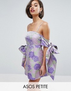 Жаккардовое платье мини с открытыми плечами и бантом-завязкой ASOS PETITE SALON - Фиолетовый