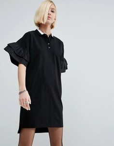 Платье-поло с ткаными оборками на рукавах ASOS - Черный