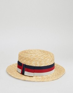 Соломенная шляпа-канотье с лентой в полоску ASOS - Бежевый