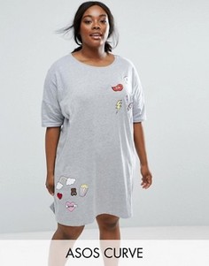 Oversize-футболка для сна с нашивками ASOS CURVE - Серый