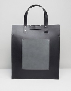 Черная сумка-тоут с серым контрастным накладным карманом Leather Satchel Company - Черный