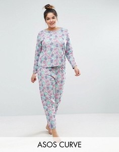 Пижамный комплект с принтом кошек ASOS CURVE - Мульти