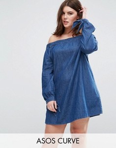 Джинсовое платье с открытыми плечами и завязками на рукавах ASOS CURVE - Синий