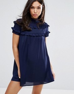 Платье с высоким воротом и двойными оборками Fashion Union - Темно-синий