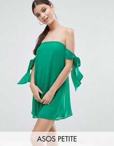 Платье-трапеция мини с открытыми плечами и бантом ASOS PETITE - Зеленый
