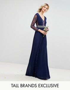 Плиссированное платье макси с длинными рукавами, кружевными вставками и отделкой на талии TFNC Tall - Темно-синий