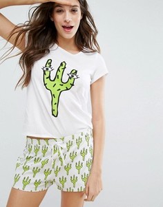 Пижамный комплект с принтом кактусов Monki - Зеленый