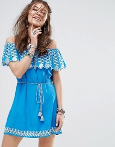 Платье с открытыми плечами и цветочной отделкой RahiCali - Синий