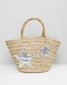 Плетеная пляжная сумка с серебристыми звездами Chateau - Бежевый
